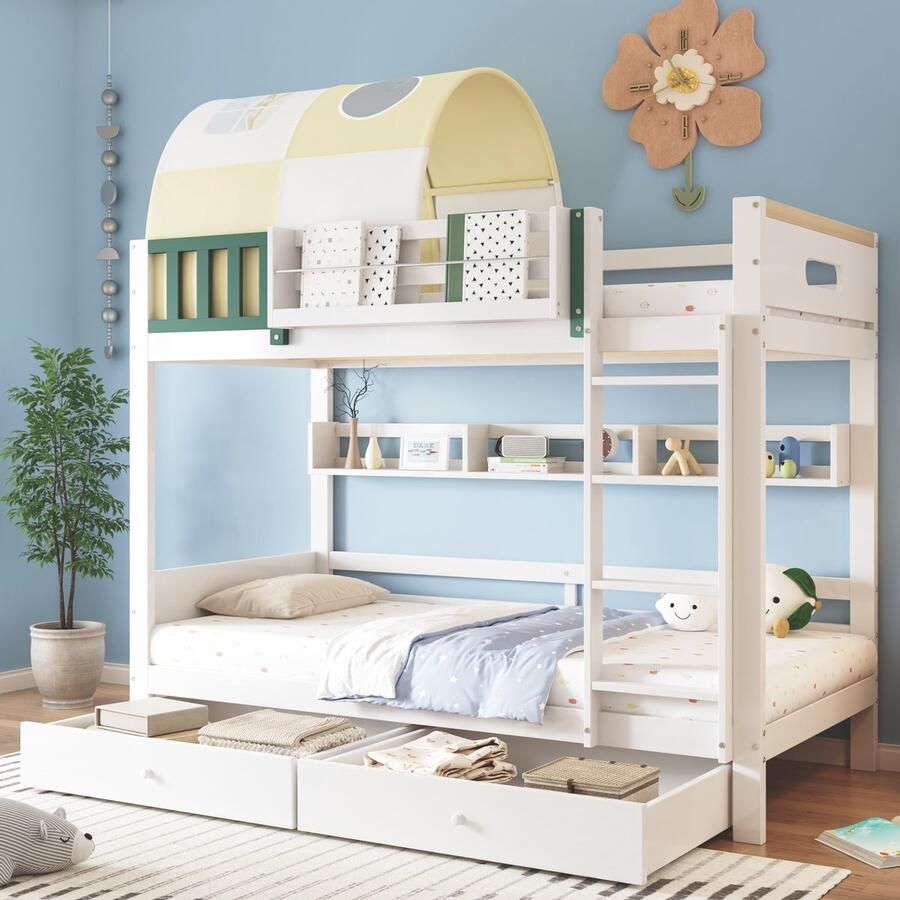 Sweiko Stapelbed 90x200cm Valbeveiliging 2 laden Den + MDF Wit + Geelgroen