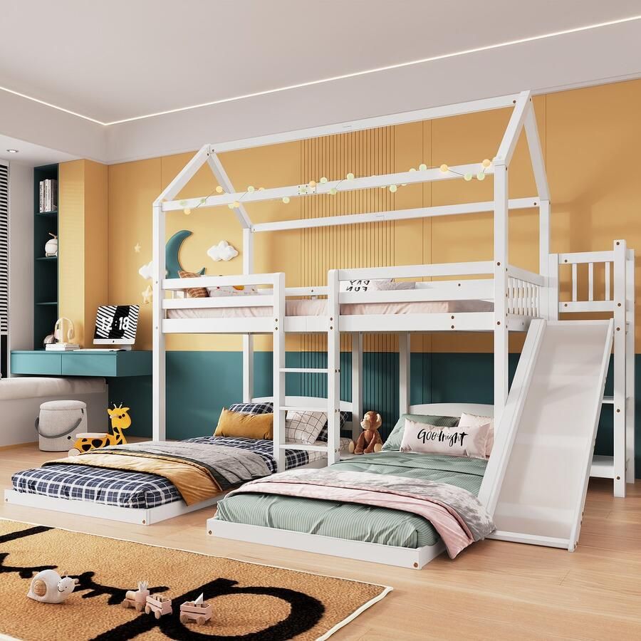 Sweiko Stapelbed huisbed kinderbed stapelbed met glijbaan open plank met drie treden ladder ontworpen met drie bedposities grenen frame kinderbed met dak grenen+MDF wit 90x200cm - Foto 2