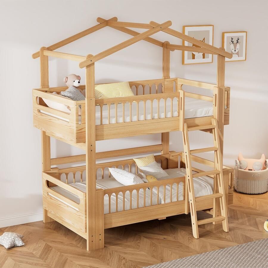 Sweiko Stapelbed huisbed kinderbed uitneembaar onderbed met valbescherming aan vier zijden dennenhout natuur 90x200cm