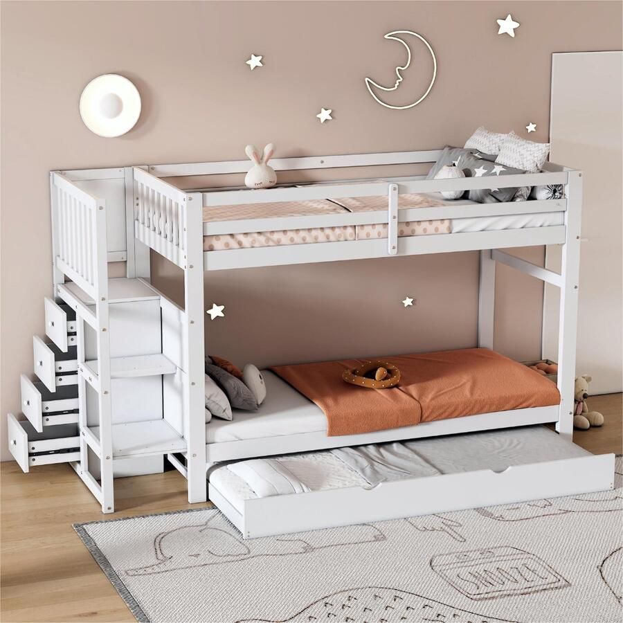 Sweiko Stapelbed Kinderbed Drie slaapplaatsen 4-lades stevig houten bed veilige trap Minimalistisch design stevige leuning Wit ( 90x200cm & 90x190cm)