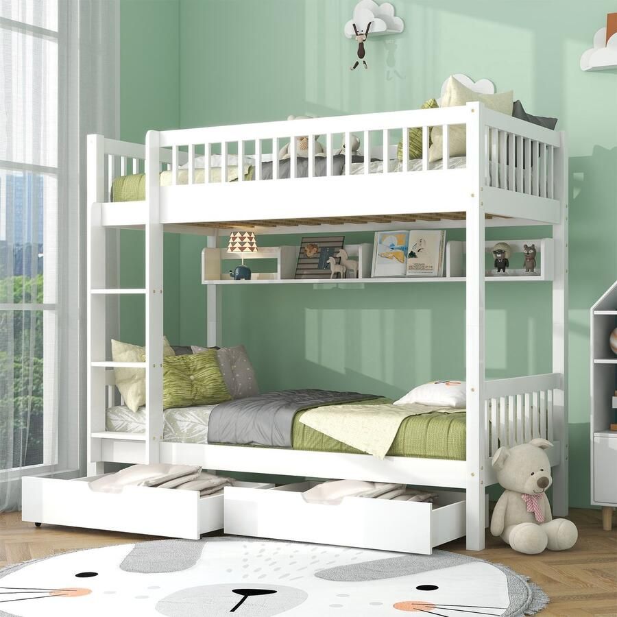 Sweiko Stapelbed kinderbed met 3-traps rechtshoekige ladder links of rechts monteerbare trap met valbeschermingsrooster planken en MDF laden dennenframe Wit 90x200cm - Foto 2