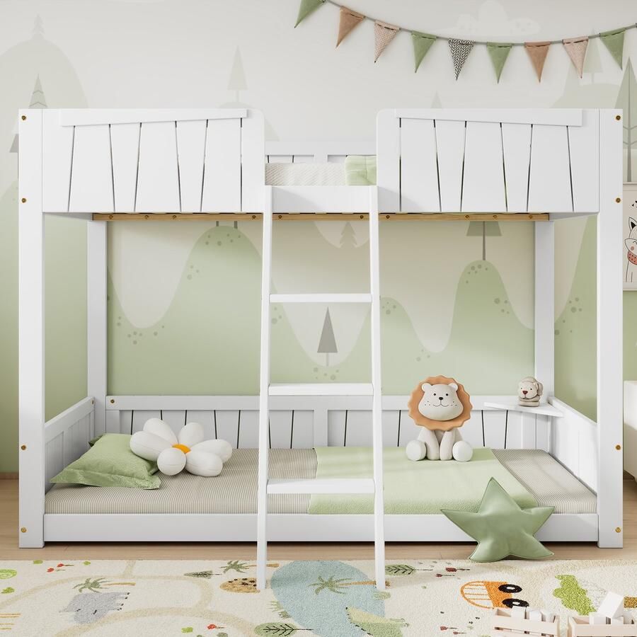 Sweiko Stapelbed kinderbed met drie treden stevig lattenbodem open plank veiligheidshek design kinderbed met houten latten grenen frame grenen+MDF wit 90x200cm