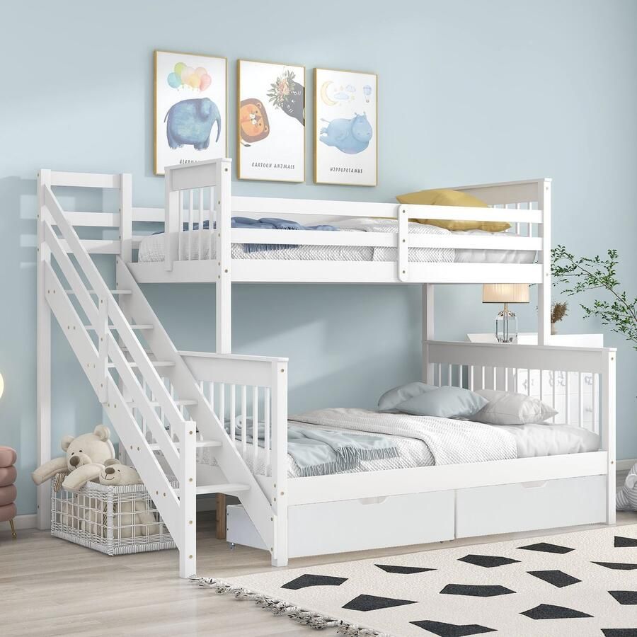 Sweiko Stapelbed Kinderbed met zijladder met valbeveiliging rooster en MDF laden dennenhouten bedframe Kan worden onderverdeeld in een- en tweepersoonsbedden Wit 90x200cm 140x200cm