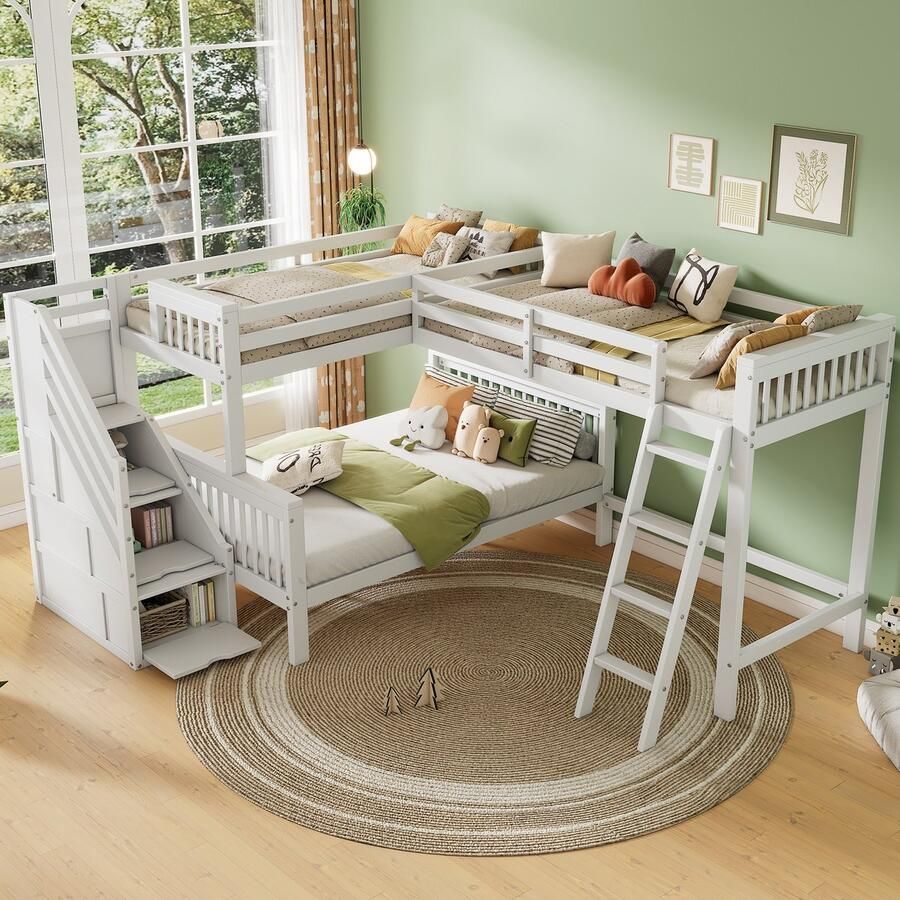 Sweiko Stapelbed kinderbed voor drie kinderen gemaakt van dennenhout met opbergtrap 90*200 cm & 140*200 cm wit