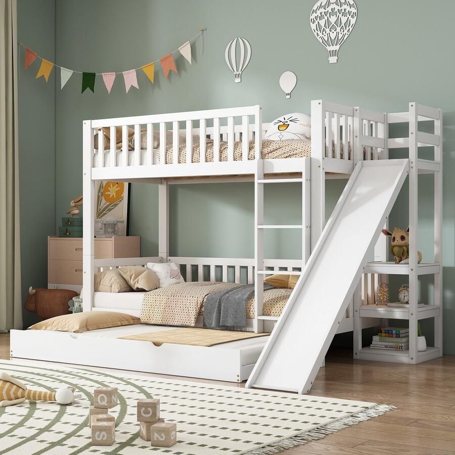 Sweiko Stapelbed met Extra bed Kinderbed met Valbeschermingsrooster met Glijbaan en Planken met 4-Traps Rechte Ladder Dennen en MDF Wit 90x200 190cm - Foto 2