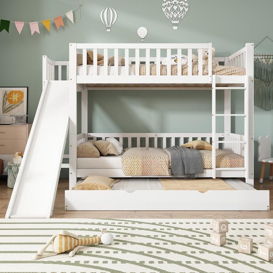 Sweiko Stapelbed met Extra bed Kinderbed met Valbeschermingsrooster met Glijbaan en Planken met 4-Traps Rechte Ladder Dennen en MDF Wit 90x200 190cm