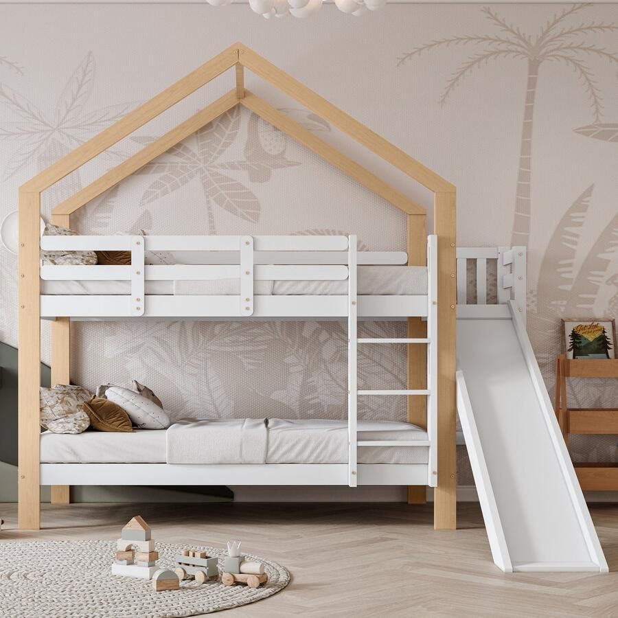 Sweiko Stapelbed met Glijbaan en Drietraps Hoekladder Huisbed met Valbeveiliging Kinderbed Bedframe van Massief hout Wit en nature 90x200 cm - Foto 2
