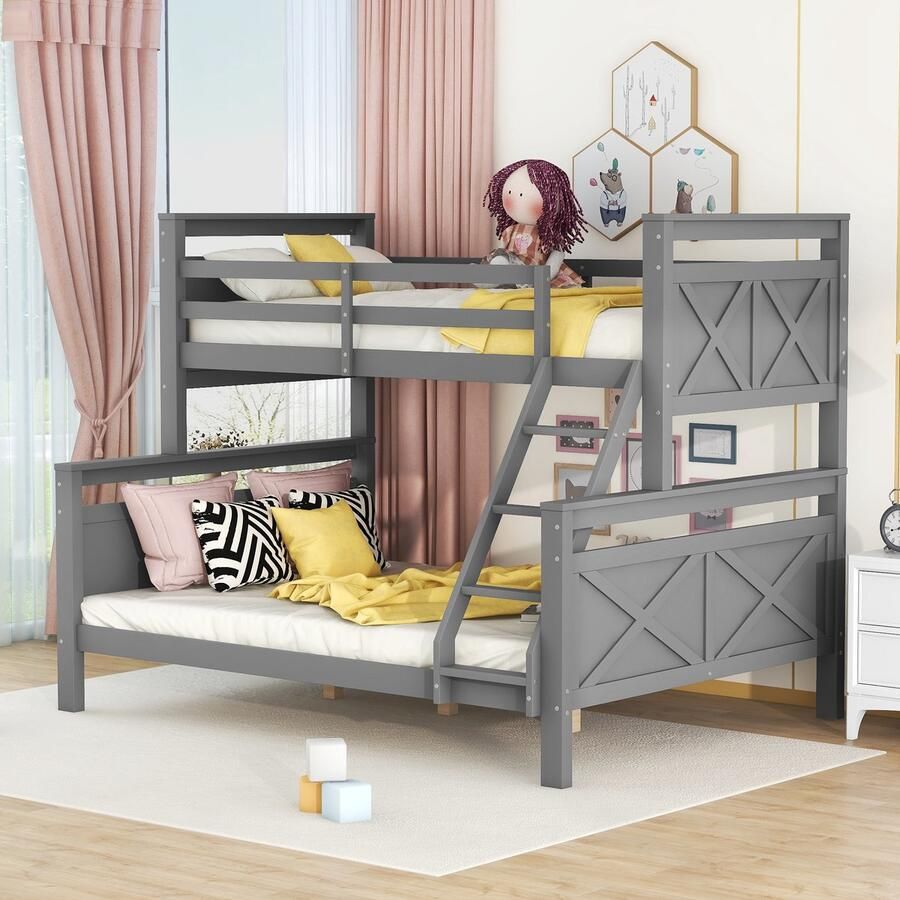 Sweiko Stapelbed met ladder en veiligheidsreling Om te bouwen tot 2 aparte bedden Houten bed voor Kinderen Tieners en Volwassenen 90(140)x200cm Grijs