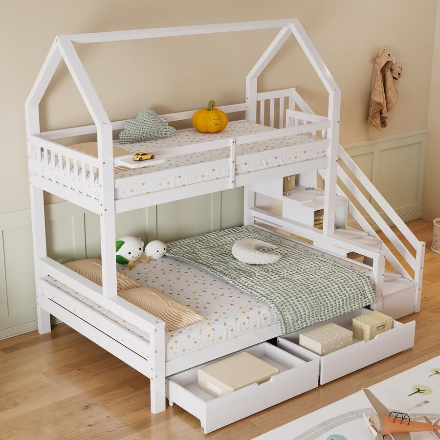 Sweiko Stapelbed met ladder huisbed kinderbedje met lades en een plank met valbeschermingsrooster dennenbedframe met MDF opbergladderkast Wit 90x200cm en 140x200cm