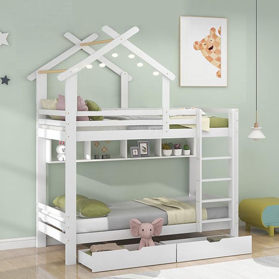 Sweiko Stapelbed met lades en planken Huisbed met drielaagse rechthoekige ladder Kinderbed met valbeveiliging en rooster dennenframe Wit (90x200cm)