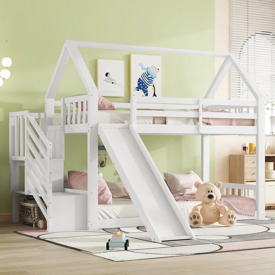 Sweiko Stapelbed met Opberg Trap en Glijbaan Huisbed Kinderbed met Reling Geschikt voor Kinderen Tieners 90x200cm Wit - Foto 3