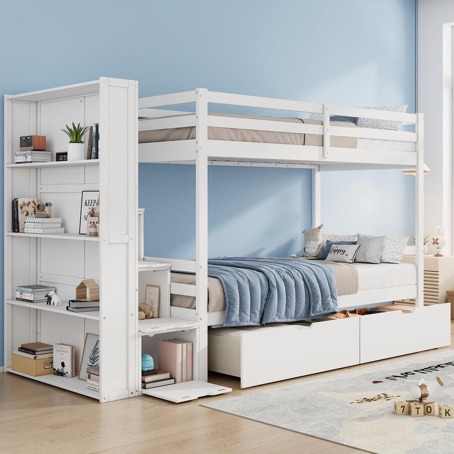 Sweiko Stapelbed met opbergplank opbergtrede en twee laden 90*200cm multifunctioneel kinderbed zonder matras grenen + MDF wit