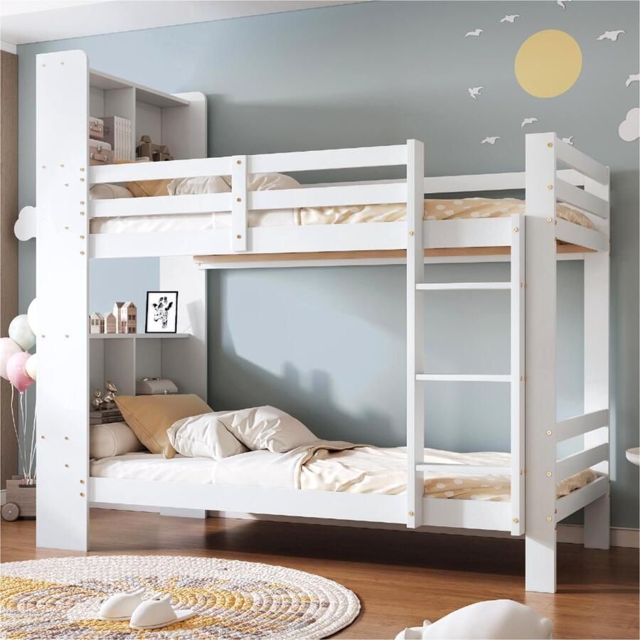 Sweiko Stapelbed met planken Kinderbed opberghouten bed Massief houten bedframe Wit 90x200cm