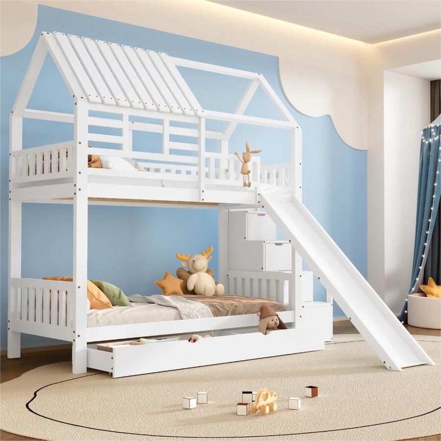 Sweiko Stapelbed met trap en glijbaan Huisbed trap met bergruimte frame van dennenhout en MDF Kinderbed met raam en dak met valbeveiliging rooster en lade Wit 90x200cm - Foto 2