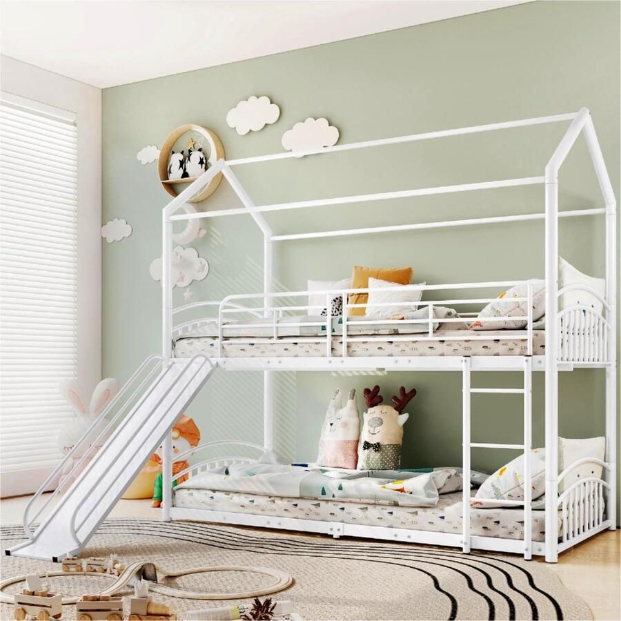 Sweiko Stapelbed met trap met rechthoekige ladder huisbed met glijbaan Kinderbed en jeugdbed met valbeveiliging en rooster Metalen frame Wit (90x200cm)