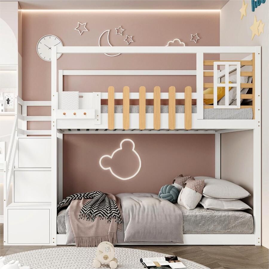 Sweiko Stapelbed met trap raam en plankenkast frame van massief dennenhout Kinderbed met 3-lockers in de trap met valbeveiliging rooster Wit 90x200cm - Foto 2