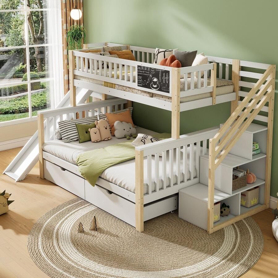 Sweiko Stapelbed multifunctioneel kinderbed met 2 laden en opbergkast met krabbelbord en glijbaan zonder matras 90*200cm & 140*200cm wit - Foto 2