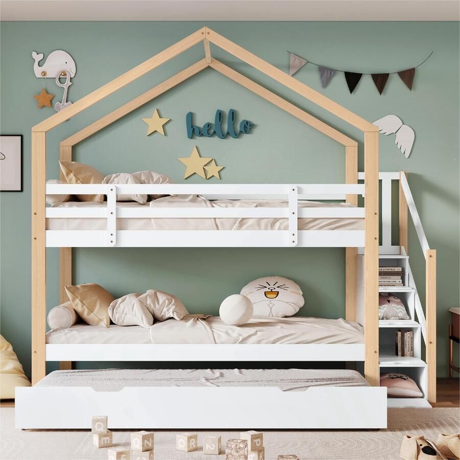 Sweiko Stapelbed Uitschuifbaar boomhut bed Schuifbed Trap met 4-lades Kinderbed met valbeveiliging met lattenbod Natural en Wit (90x200cm&90x190cm) - Foto 2