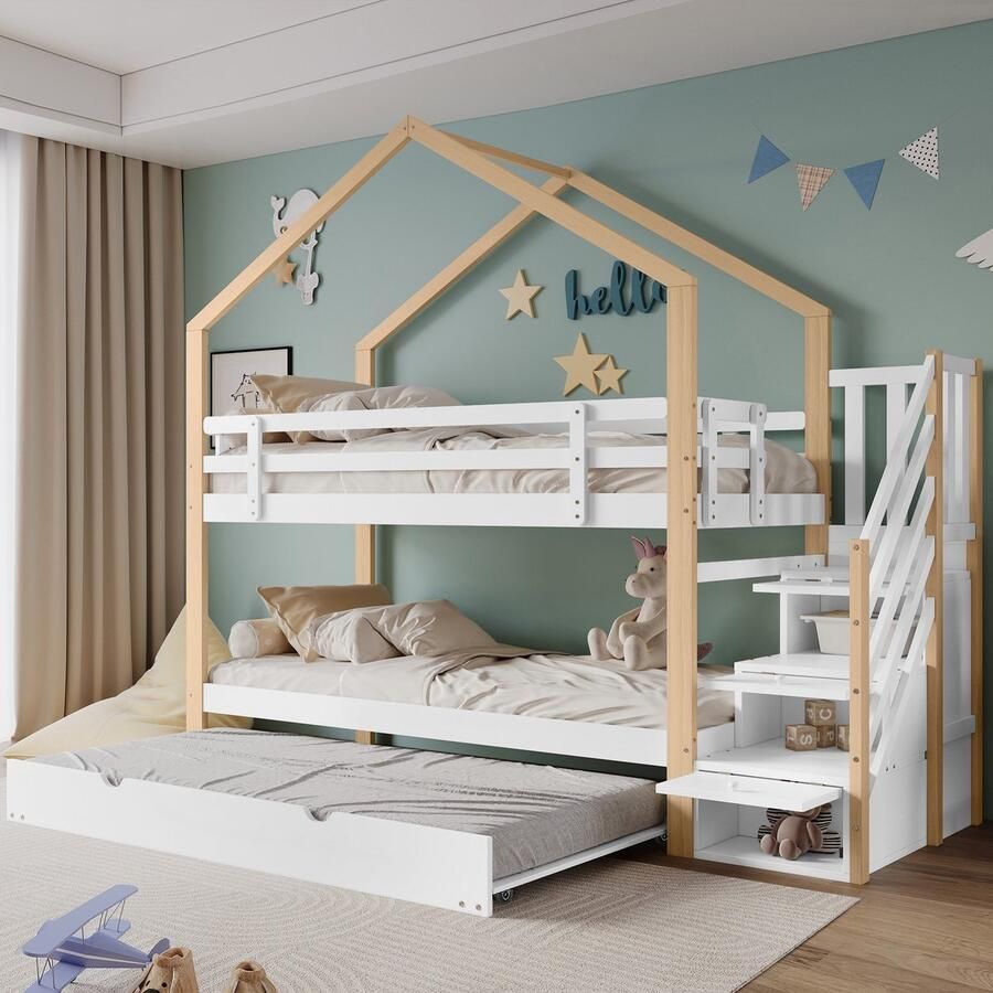 Sweiko Stapelbed Uitschuifbaar boomhut bed Schuifbed Trap met 4-lades Kinderbed met valbeveiliging met lattenbod Natural en Wit (90x200cm&90x190cm)