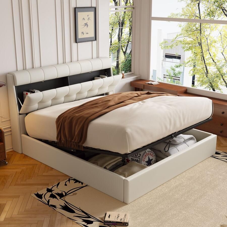 Sweiko Stijlvol Gestoffeerd Bed 160*200 hydraulisch bed verborgen hoofdeinde plank bedbox plank PU met lattenbod en hoofdeinde zonder matras Crème wit