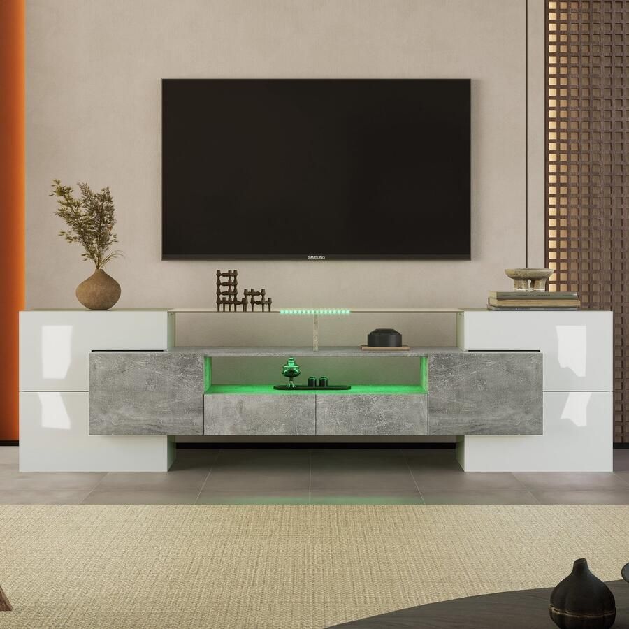 Sweiko Stijlvolle TV Kast Glanzend Wit 200cm LED verlichting woonkamer meubels Modern design Elegant glazen oppervlak