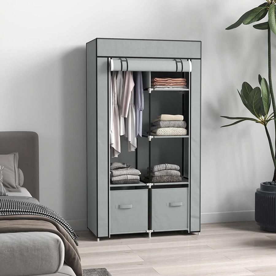 Sweiko Stoffen kledingkast 4 planken 1 kledingstang 2 lades 83 x 42.5 x 162.5 cm grijs