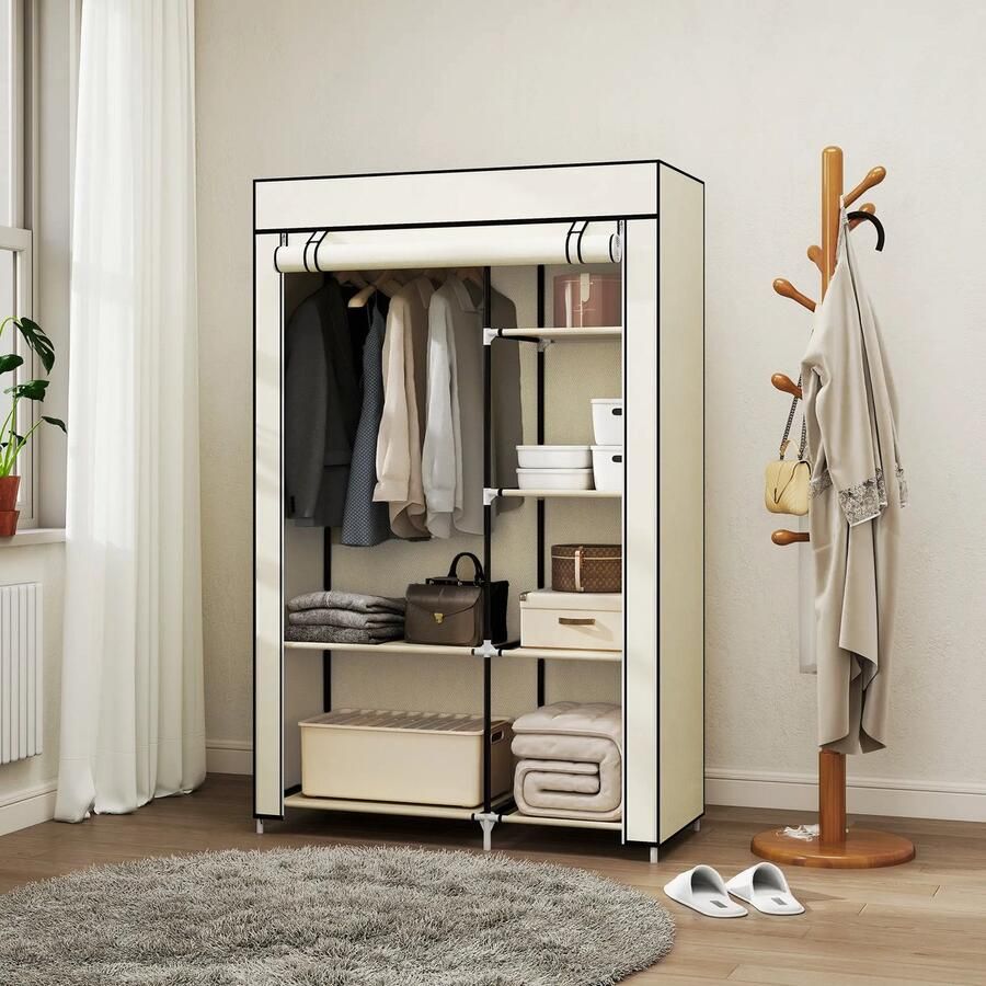 Sweiko Stoffen kledingkast 6 legplanken 1 kledingstang Beige