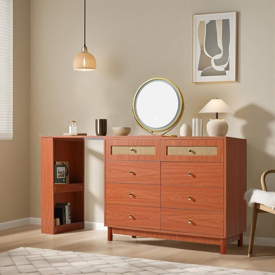 Sweiko Sweio Kaptafel cosmetische tafel met spiegel en verlichting 3-kleuren LED verlichting 8 ruime lades afmetingen: B105 H74 T40 CM (zonder kruk)