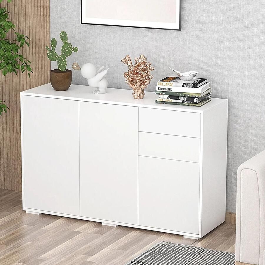 Sweiko Sweko Dressoir 2 lades 3 deuren Verstelbare planken 117 x 36 x 74 cm Wit