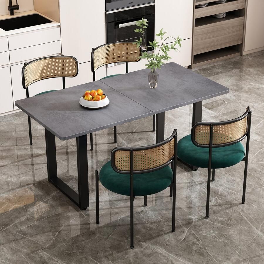 Sweiko Tafel en Stoel set 5-delige set 4 Fluwelen Eetstoelen 1 Rechthoekige Eettafel Salontafel Rotan vrijetijdsstoel moderne eenvoud Grijs en groen+Zwart