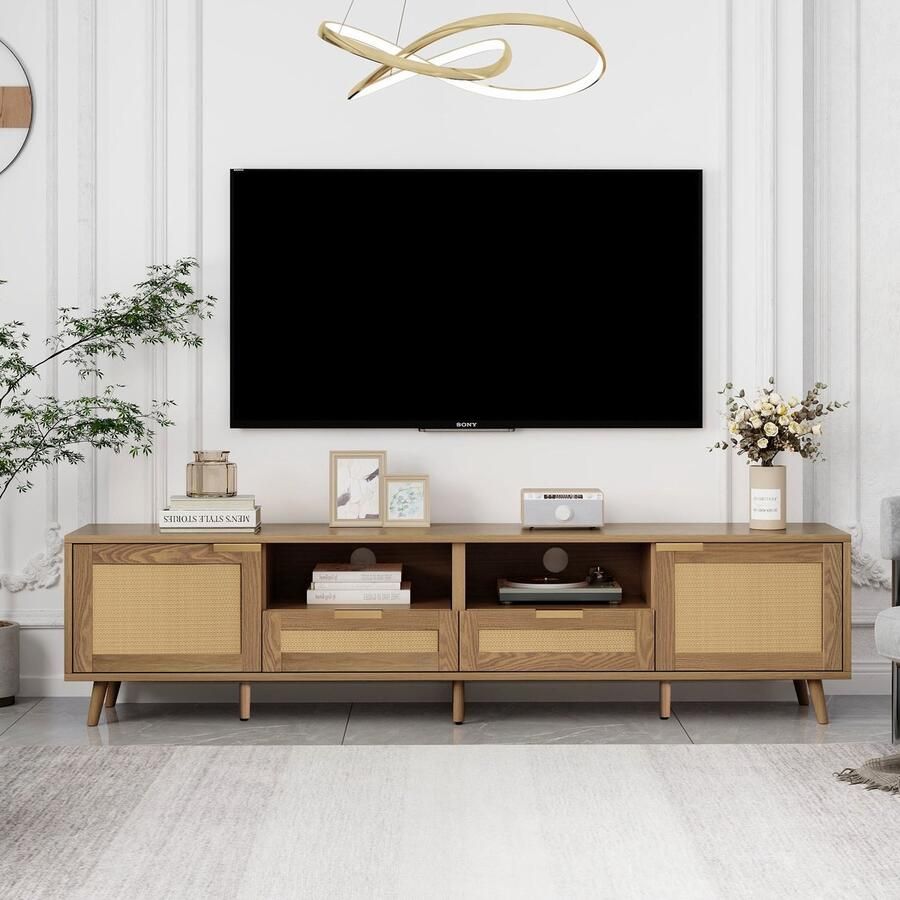 Sweiko TV console tafel 200*37*49cm TV kast met echt rotan ontwerp TV kast met massief houten voeten+ MDF Gevlochten rotan TV borden