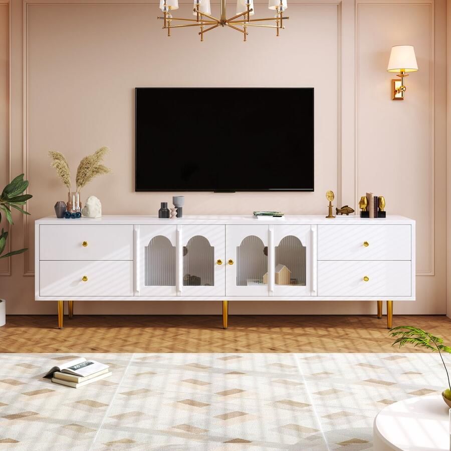 Sweiko TV-kast 4 Laden Gebogen Glazen Deuren Metalen Poten Wit