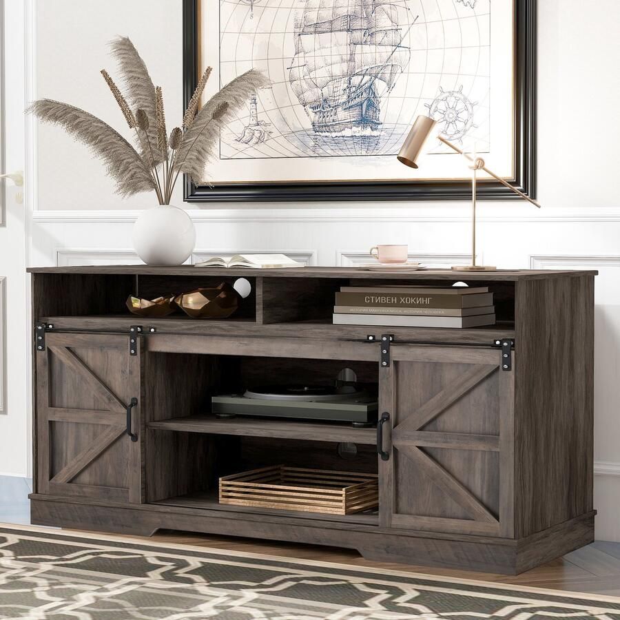 Sweiko TV kast Bestek kast 150x40x81.5cm Entertainmentcentrum met 2 klassieke schuifdeuren Verstelbare planken in woonkamer en restaurant industrieel ontwerp Landelijk Grijs