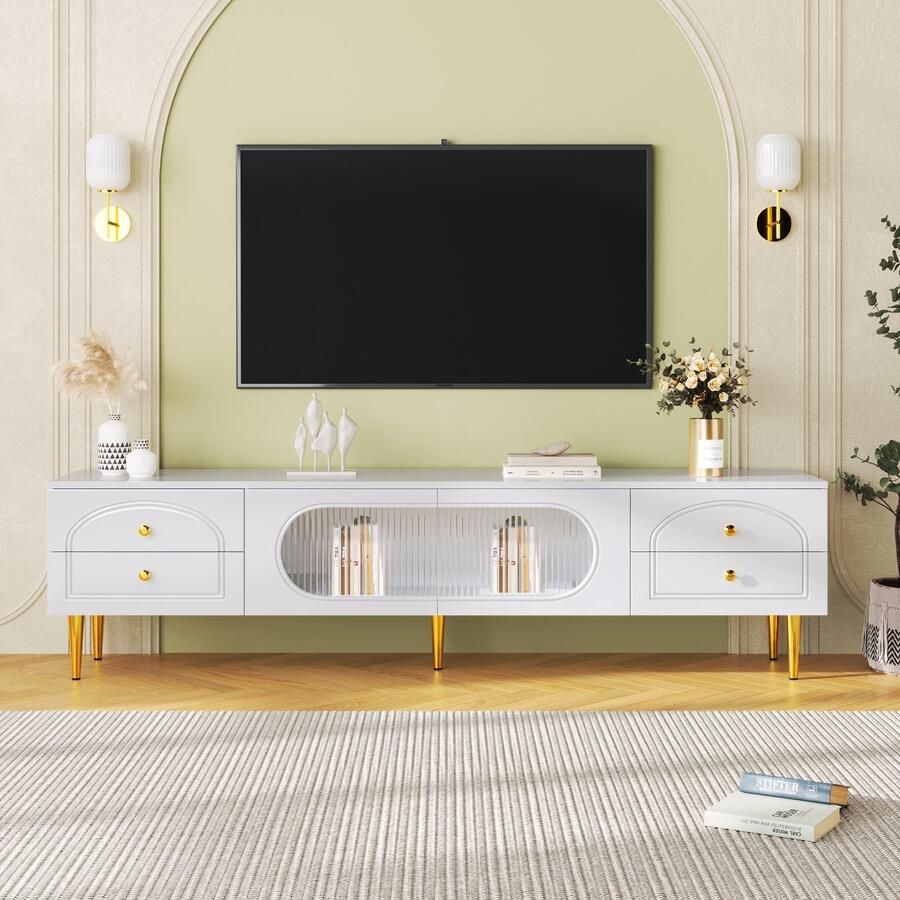 Sweiko TV kast glas gouden handvatten en voeten verborgen handvatten wit opbergkast TV meubels met textuurladen