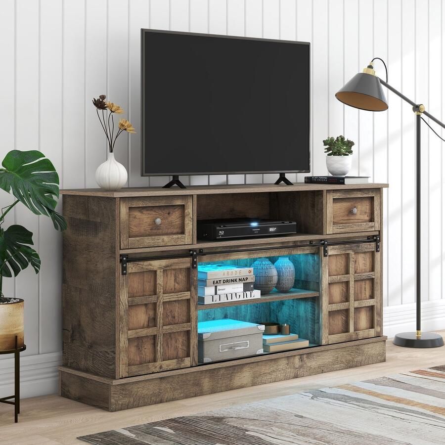 Sweiko TV kast Grijsbruin 1 5 meter lang Voorzien van 2 schuifdeuren 9 opbergvakken Waaronder 2-laden en LED verlichting