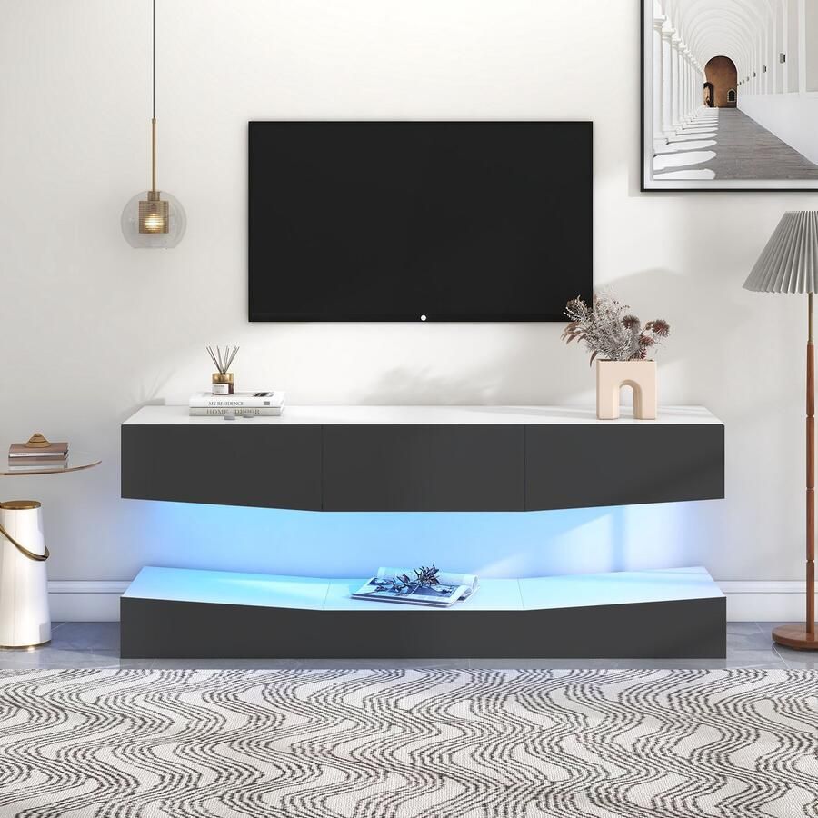 Sweiko TV Kast Hangende TV Stand met LED Verlichting TV kast Zwarte Grijs muur gemonteerde drijvende TV stand entertainment media console woonkamer home center