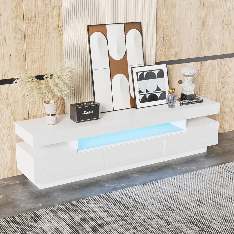 Sweiko TV-kast hoogglans lak grote opbergruimte met kleurwisselende LED-lichtstrip Wit