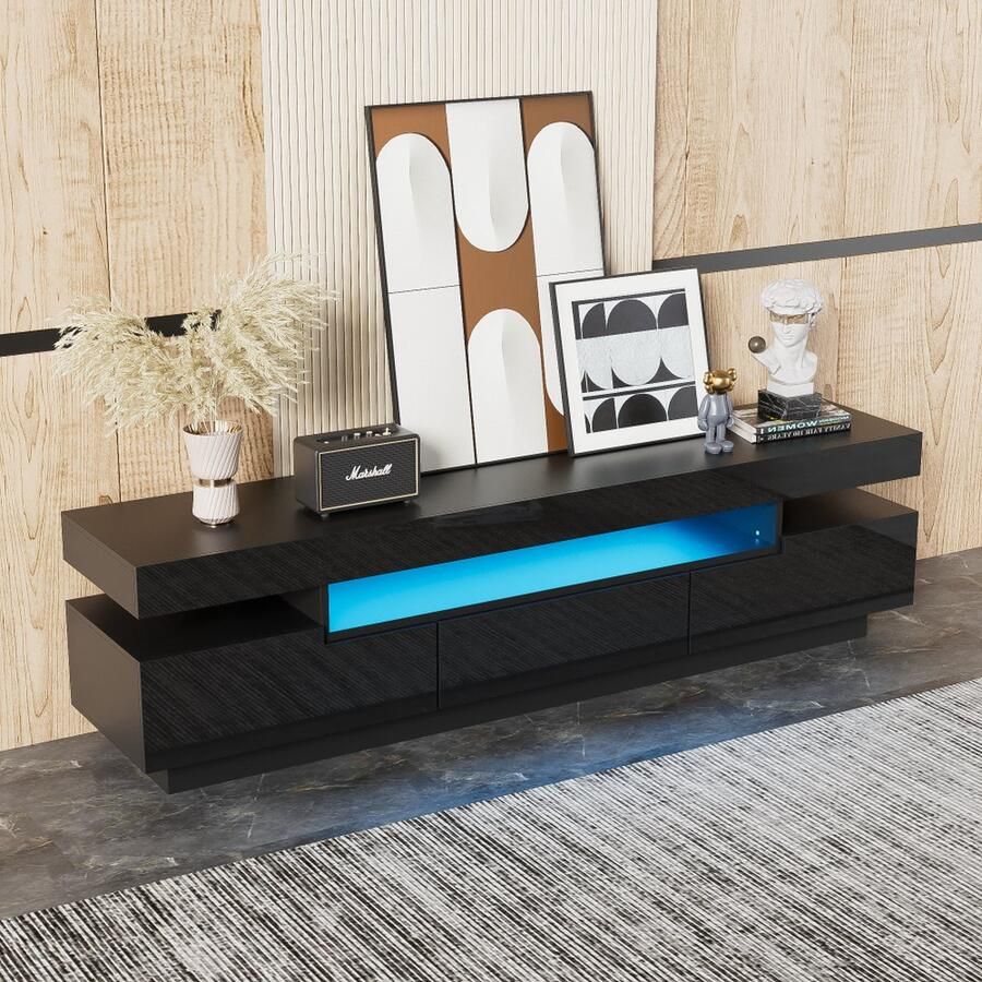 Sweiko TV-kast hoogglans lak grote opbergruimte met kleurwisselende LED-lichtstrip Zwart