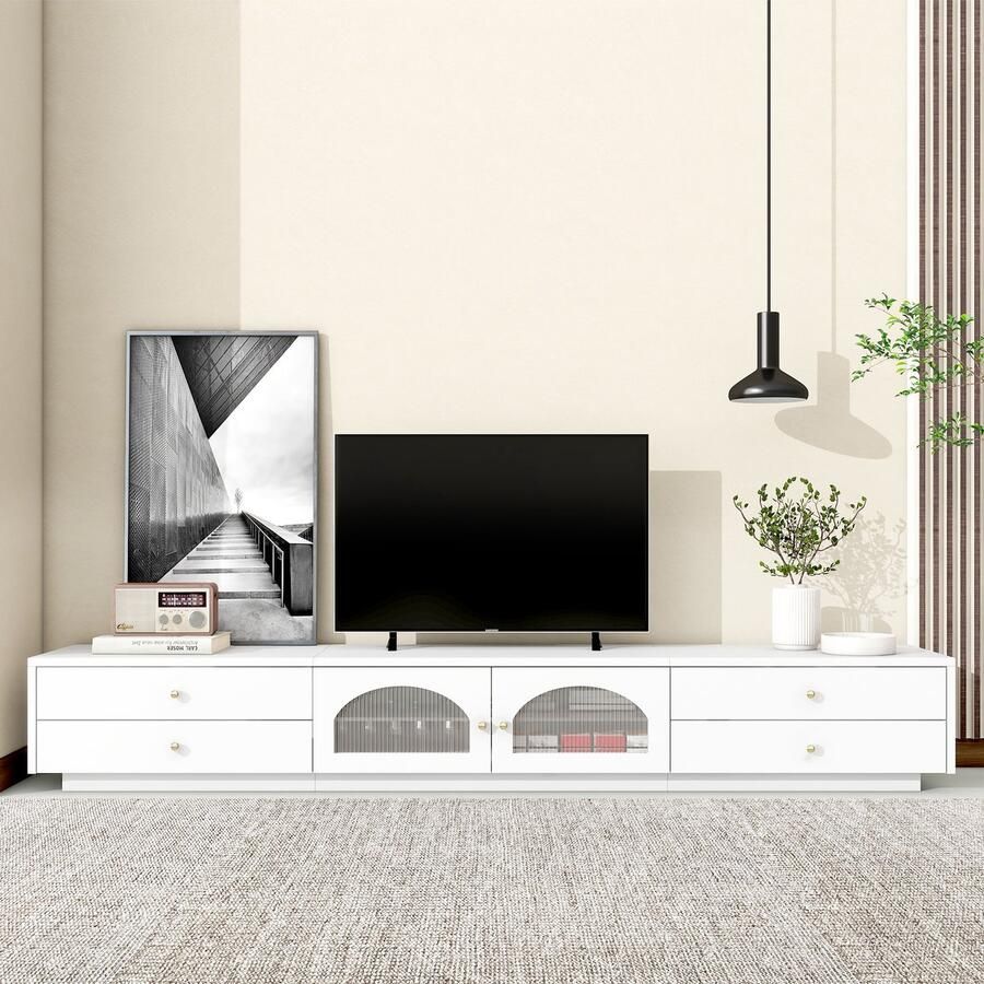 Sweiko TV kast Ladekast Opbergkast 220x40x33cm 4 lades twee glazen deuren glazen compartiment achter de deur Wit