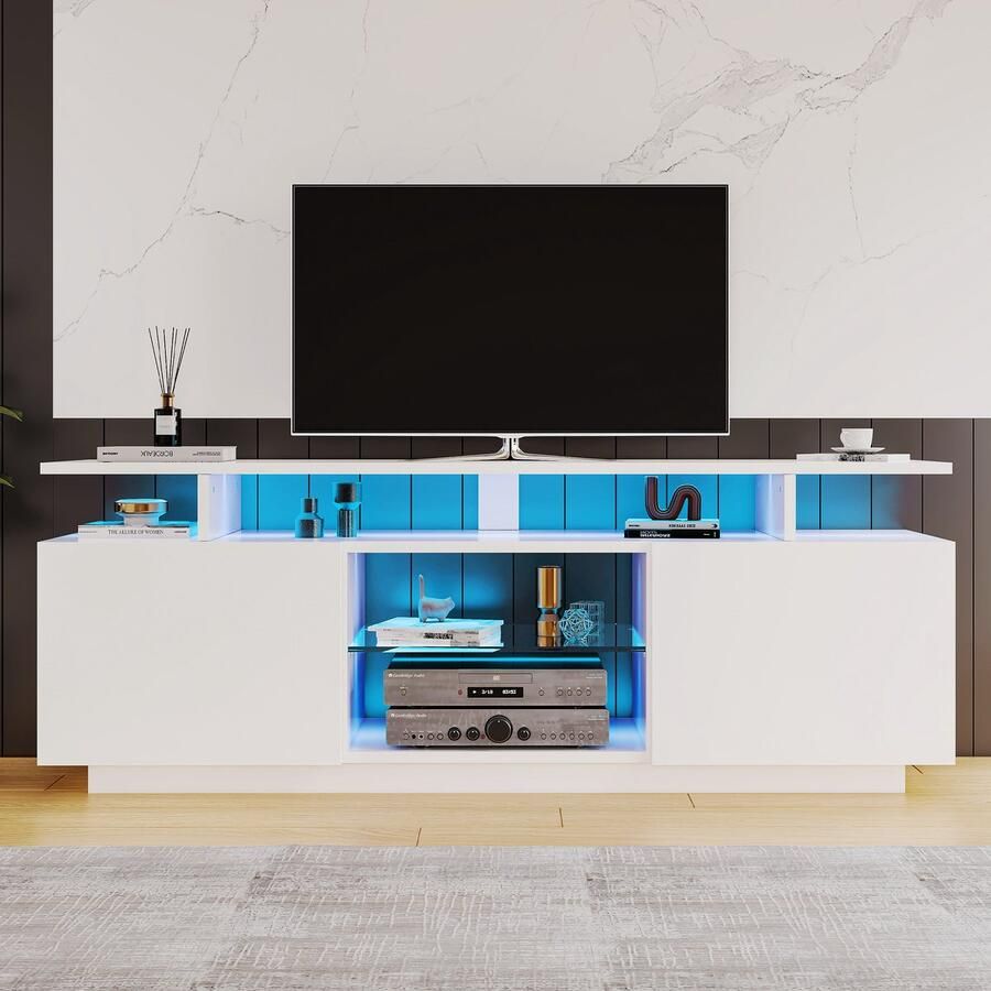 Sweiko Moderne Witte TV Kast met 16-kleuren LED verlichting 140cm lang Stijlvolle opbergkast voor 60-inch TV Hoogglanzende deurbladen met glazen compartimenten - Foto 2