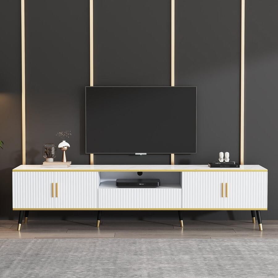 Sweiko TV kast Marmerlook 200 x 40 x 46 cm Met lade 4 deuren Wit