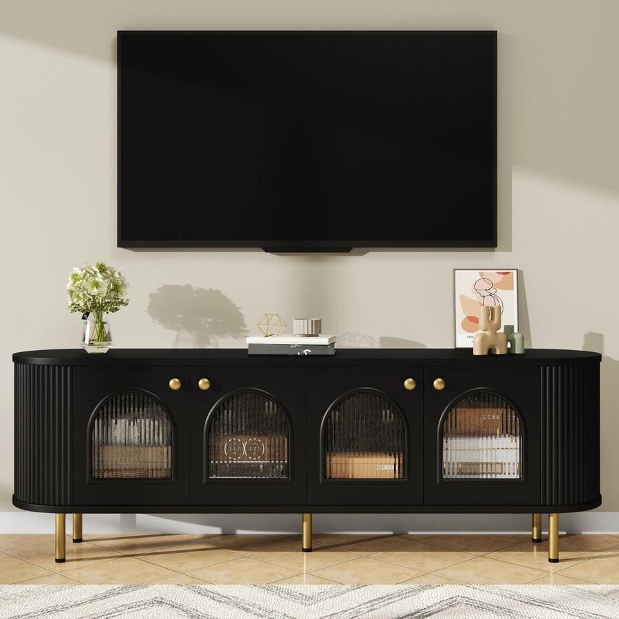Sweiko TV kast Met 4 Glazen Deuren Gouden Handgrepen Minimalistisch Zwart