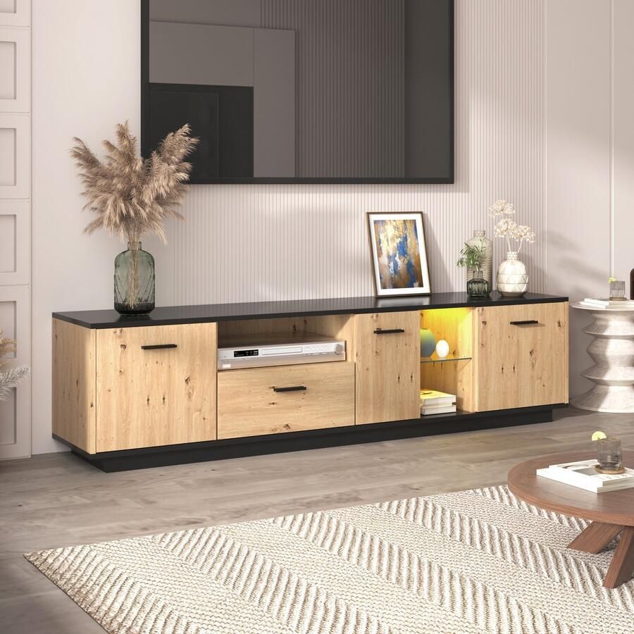 Sweiko TV kast met één lade drie deuren twee open compartimenten met glazen TV meubels 15-kleur LED verlichting TV bord TV lowboard fijne structuur Zwart en natuurlijke houtkleuren - Foto 2