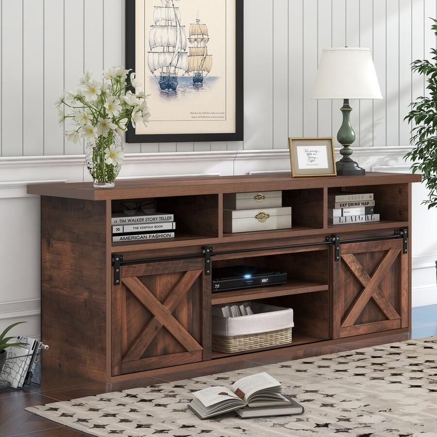 Sweiko TV kast Opslagkast 150cm lange bruine TV kast met 2 schuifdeuren 9 opslagcompartimenten en LEIDENE verlichtin Bruing