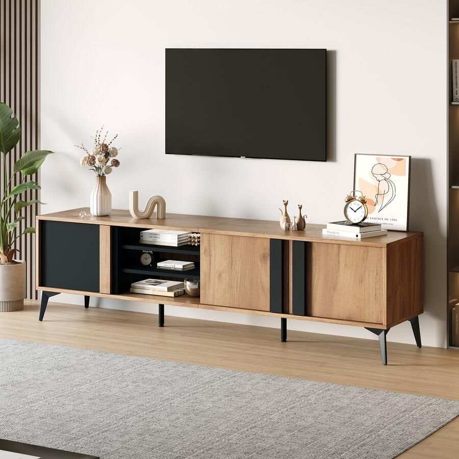 Sweiko TV kast Rustieke stijl 180 cm breed Open planken Zwart + Natuurlijke