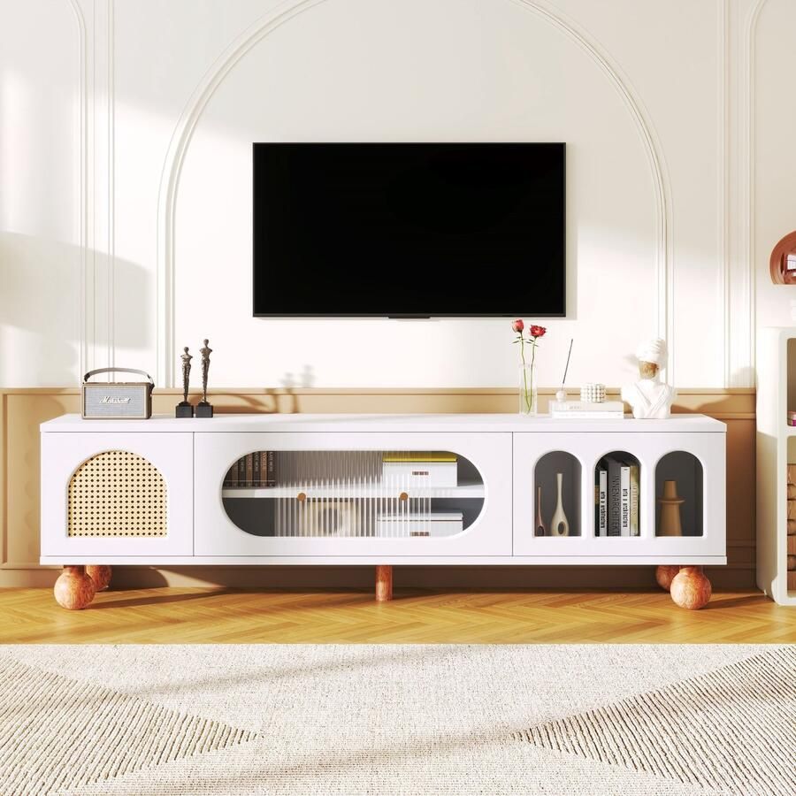 Sweiko TV Kast TV meubelen met rotan-achtige deur glazen schuifdeur drie open gewelfde gebieden lowboard met gouden handgrepen en massief houten voetjes