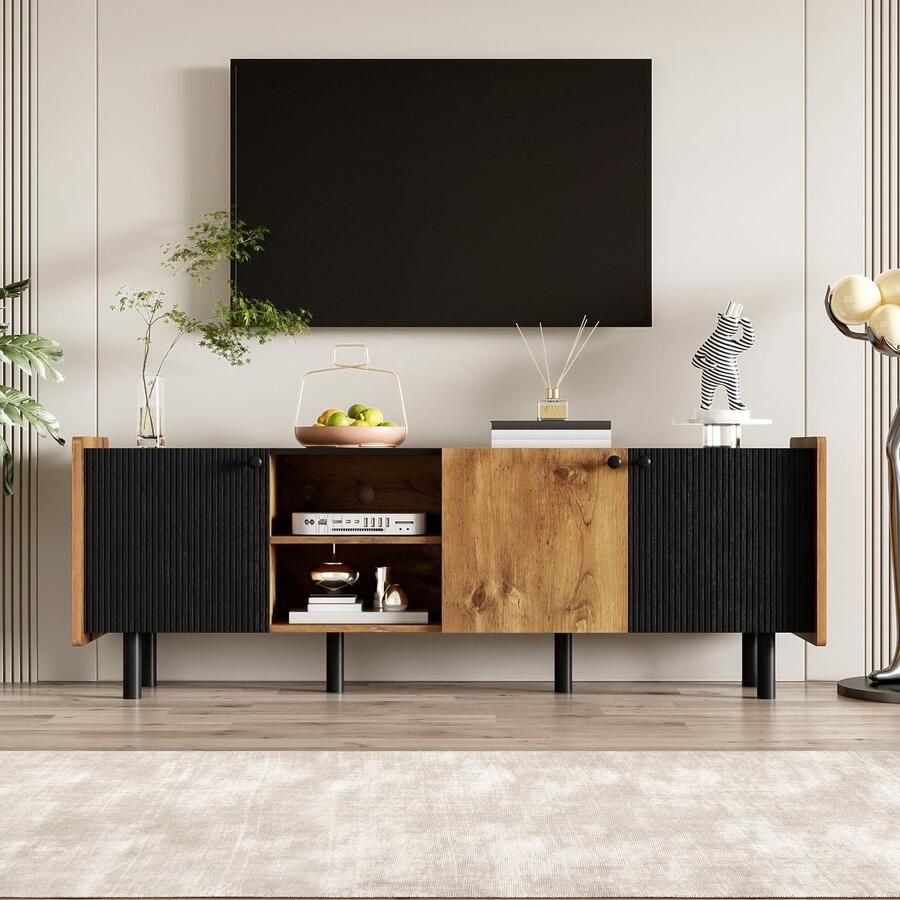 Sweiko TV meubel 3 kastdeuren 2 vakken Kleurblokdesign Zwart + Originele houtkleur