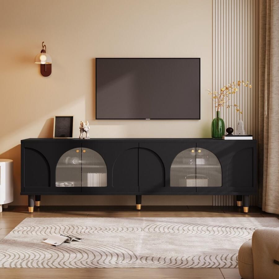 Sweiko TV-meubel 4 gebogen glazen deuren 173 x 38 x 59 cm zwart