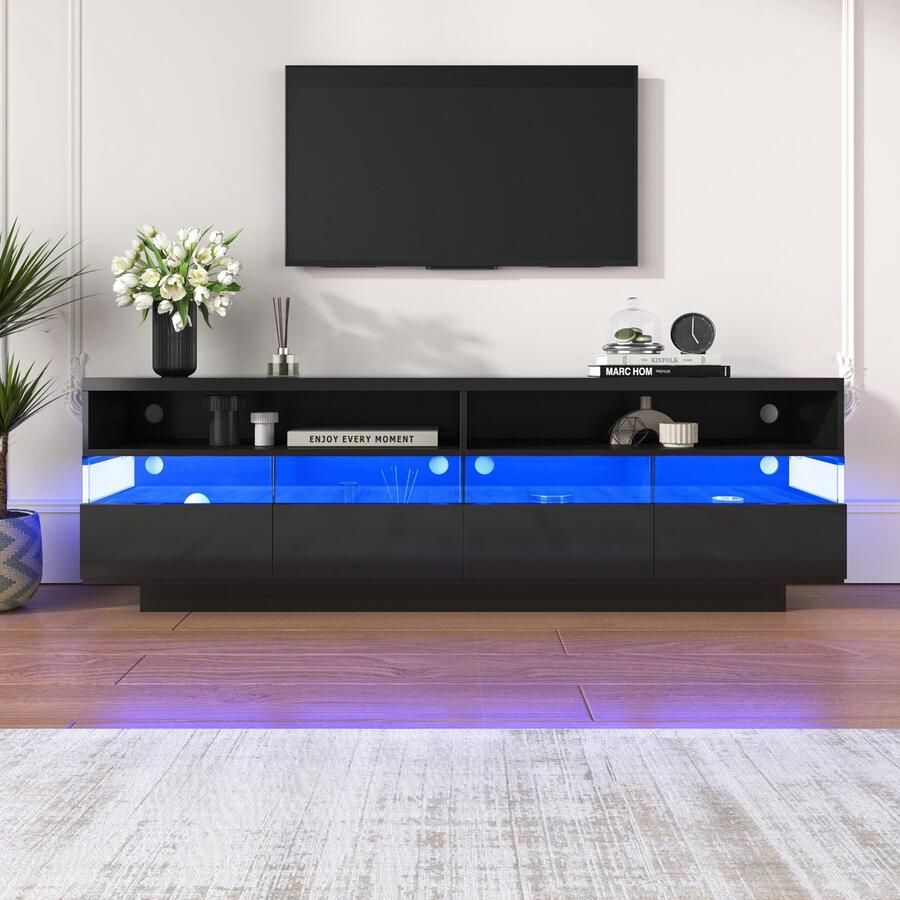 Sweiko TV meubel Hoogglans LED-verlichting 2 vakken 4 lades Zwart