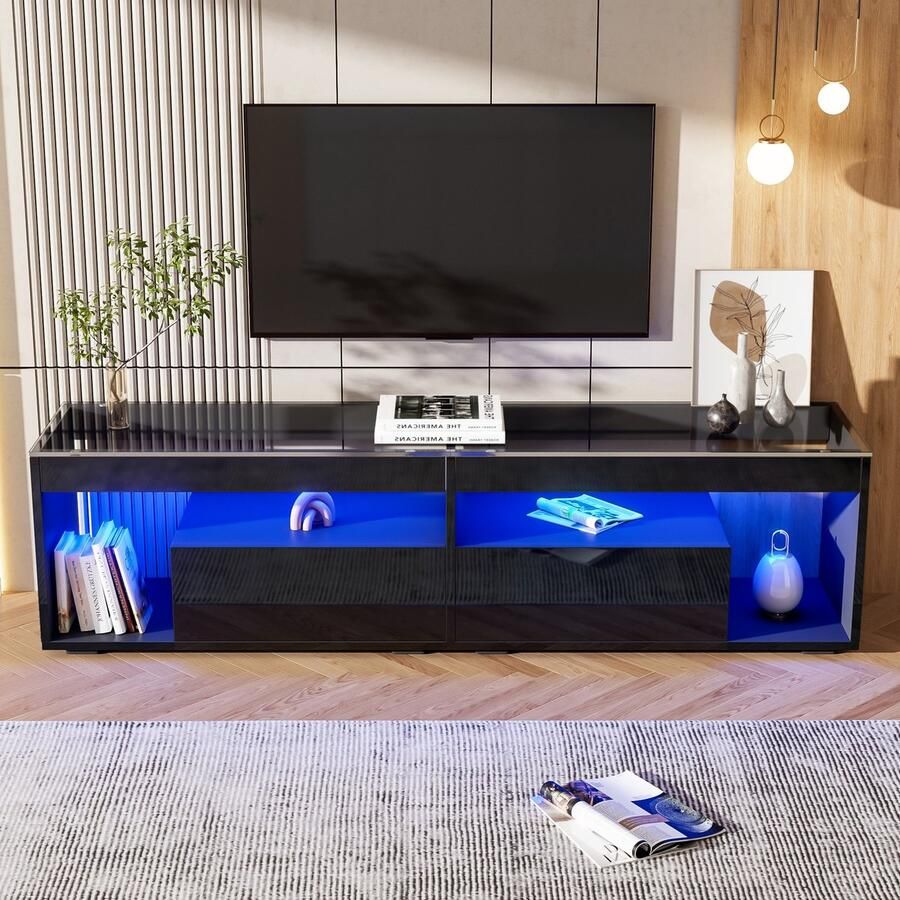 Sweiko TV-meubel LED-verlichting Hoogglans 2 Lades Zwart